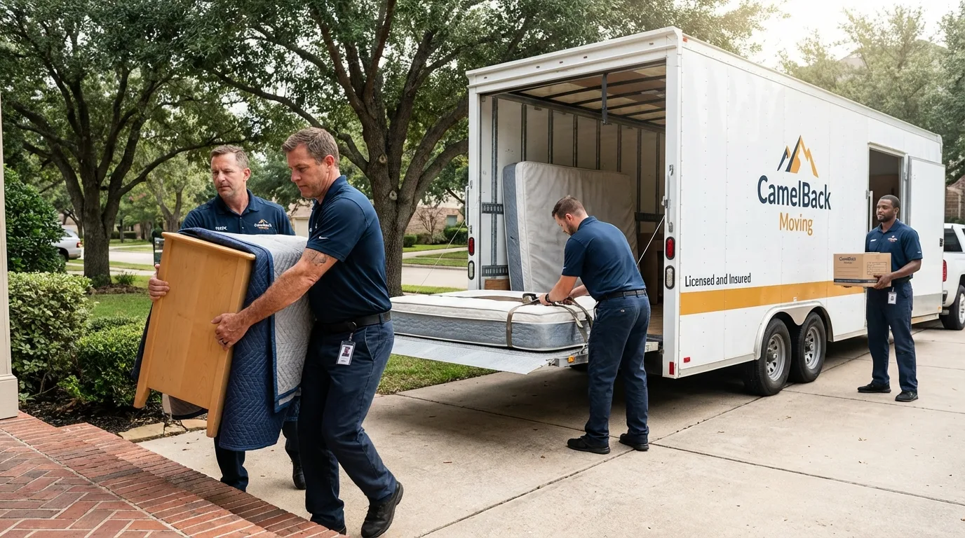 Crew loading residential truck for cross-state move from Rockford, MN