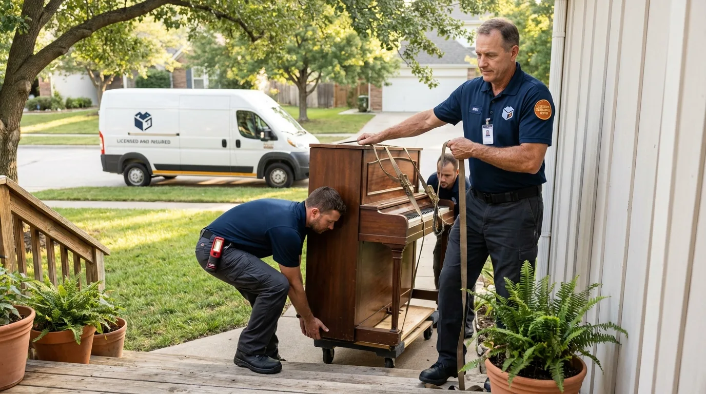 Licensed piano movers securing grand piano in Rockford, MN