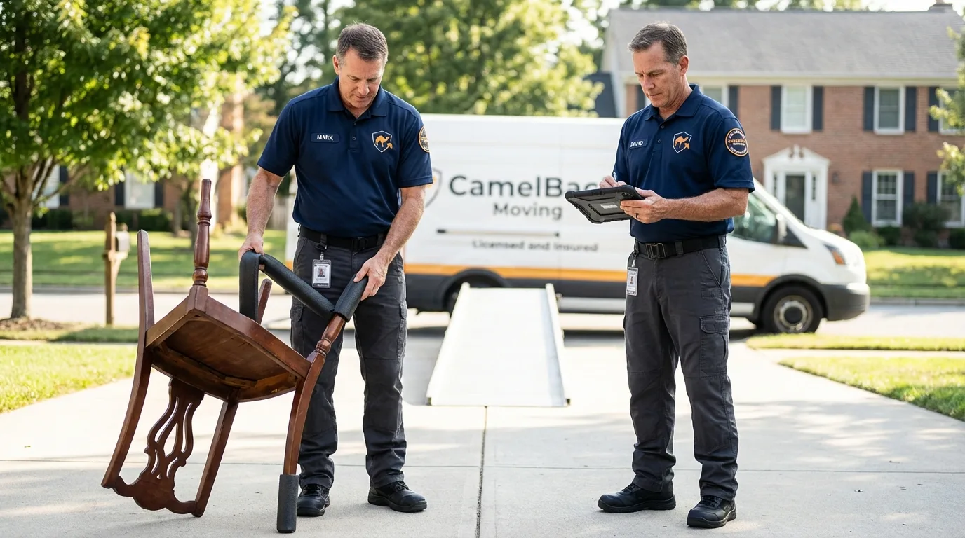 Movers inspecting furniture for damage prevention before loading in Rockford, MN