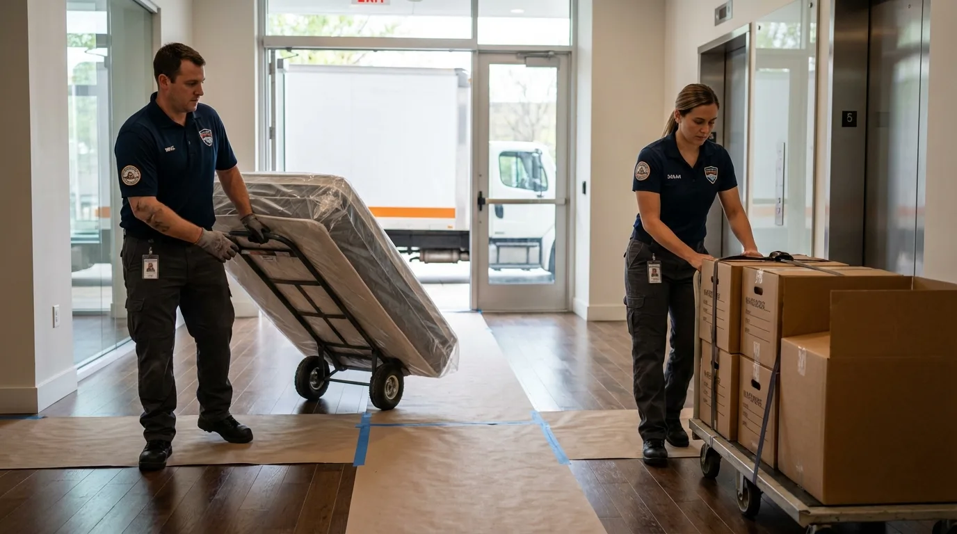 Professional apartment movers loading elevator in Rockford, MN